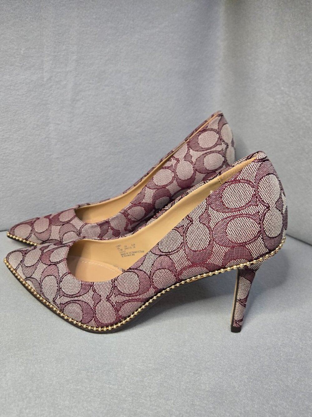 Coach Signature Print Heels with Gold Trim